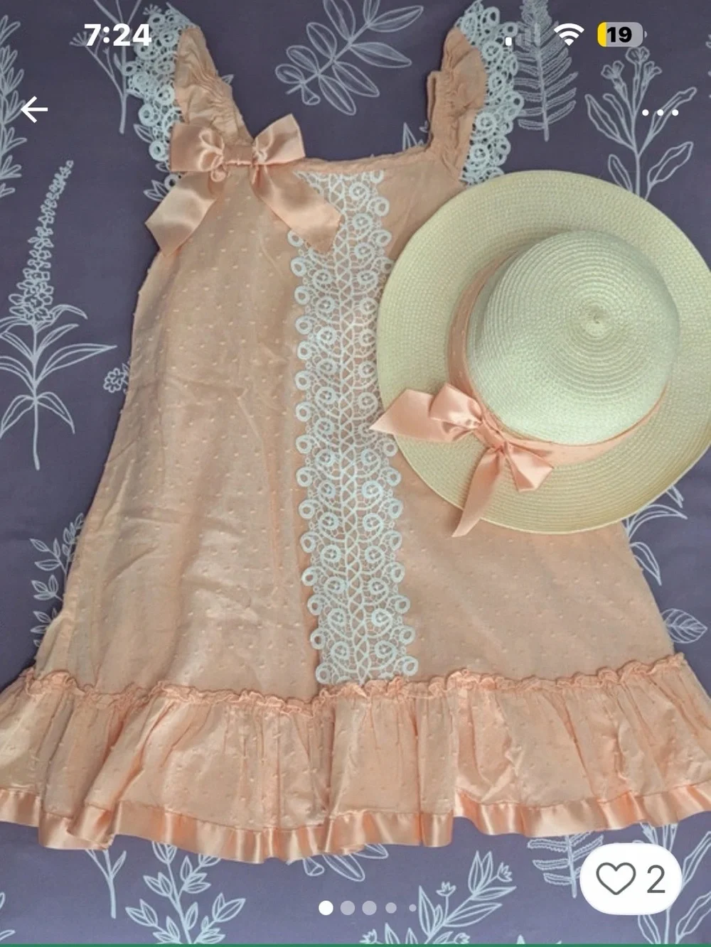 Bonnie Jean Peach Swiss Dot Dress & Matching Sun Hat Set Girls Size 6X Lace East